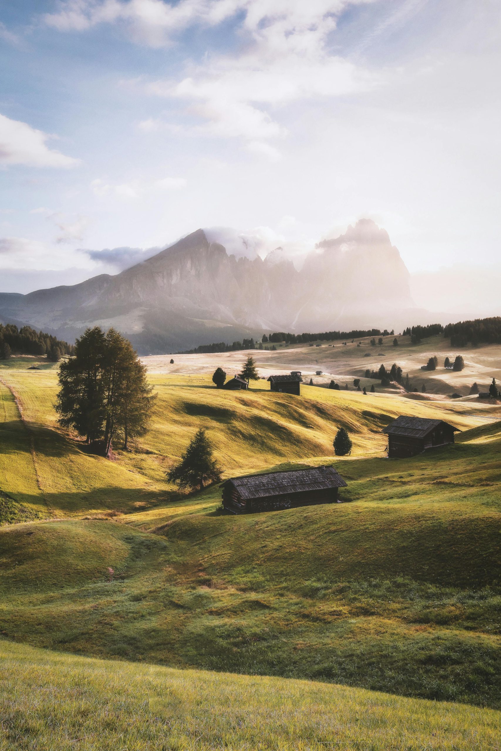 Tranquil countryside view in Alpe di Siusi, Italy featuring lush greenery and distant mountains under a bright sky.